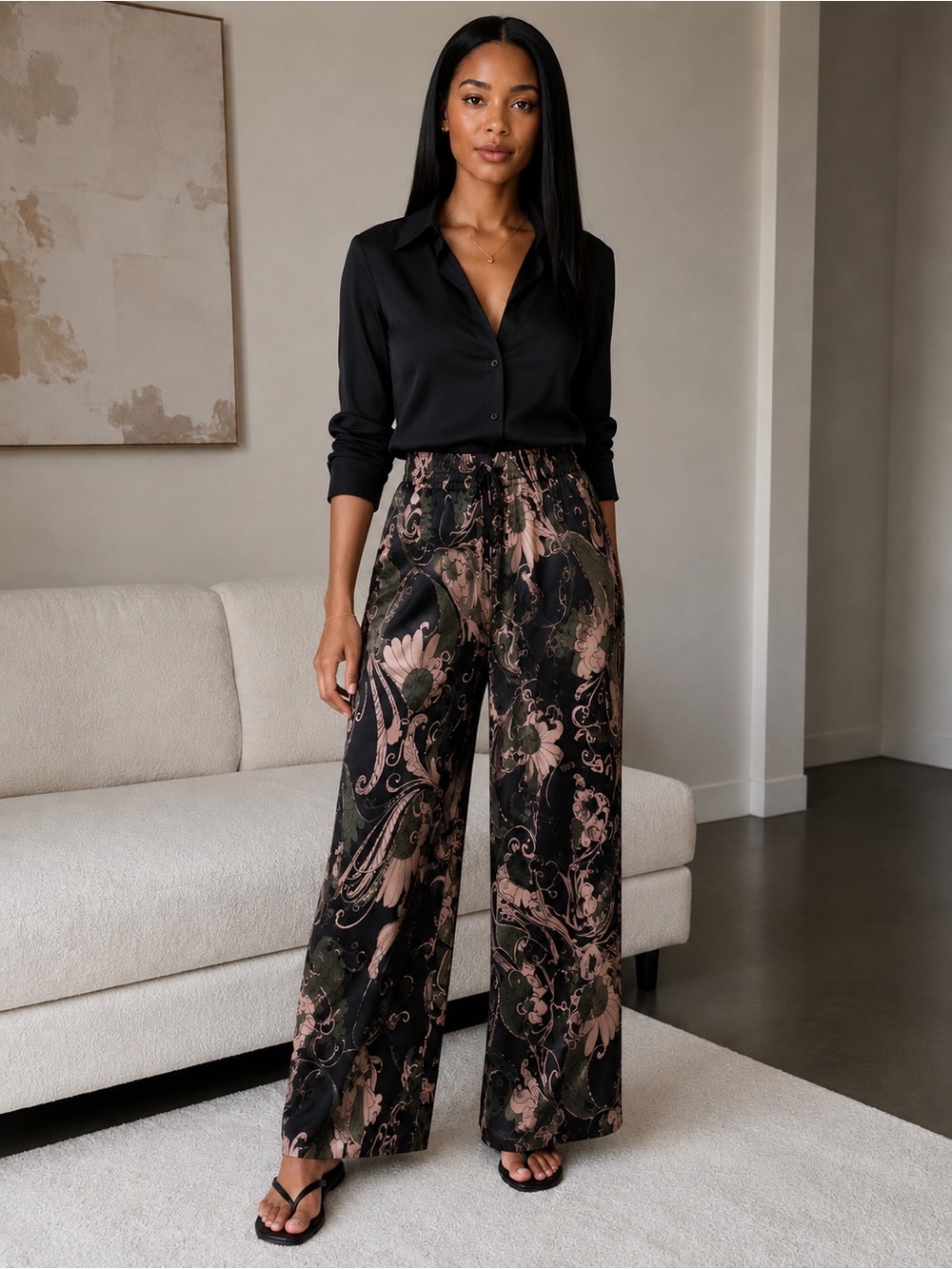 bryn Walker Black and Olive Floral  silk pants S